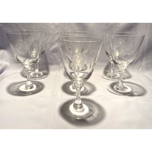 Set of 7 Crystal Rose Etched Iced Tea Glasses Cut Glass Stem Bubbles Vintage - Picture 9 of 10